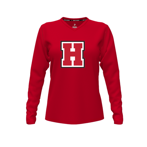 [CUS-DFW-TEES-CMF-VNK-LSL-RED-FYXS-LOGO1] Comfort T-Shirt (Female Youth XS, Red, V Neck, Logo 1, Long Sleeve)